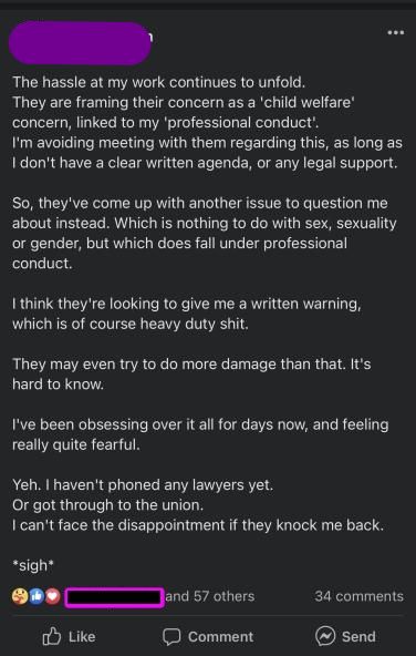 Andrea: the hassle at my work continues to unfold. They are framing their concern as a 'child welfare' concern, linked to my 'professional conduct'